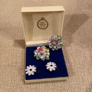 Vintage Royal Adderley England Floral Fine Bone China Brooch and Earrings Set